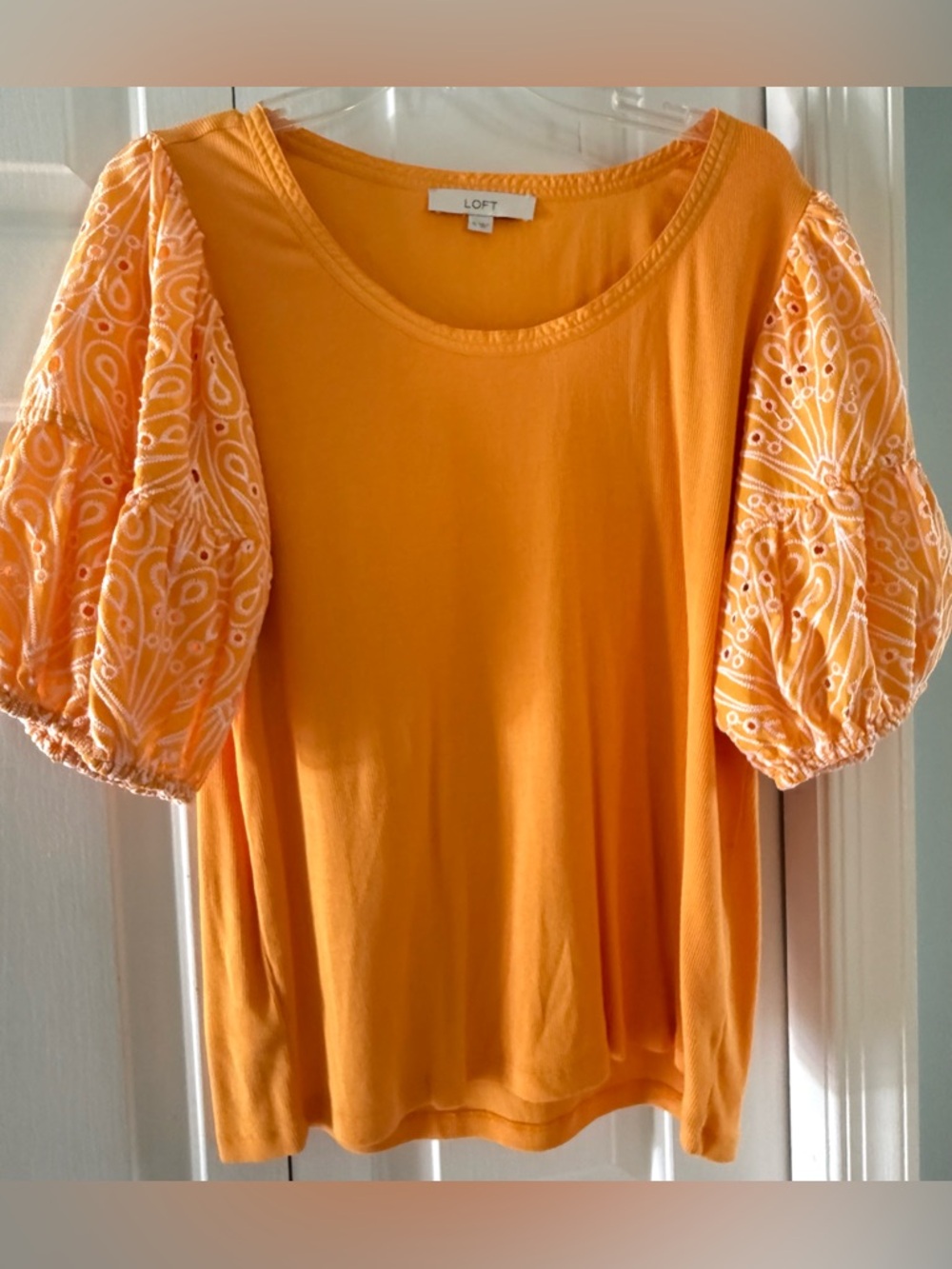 LOFT Orange Eyelet Puff Sleeve Tee